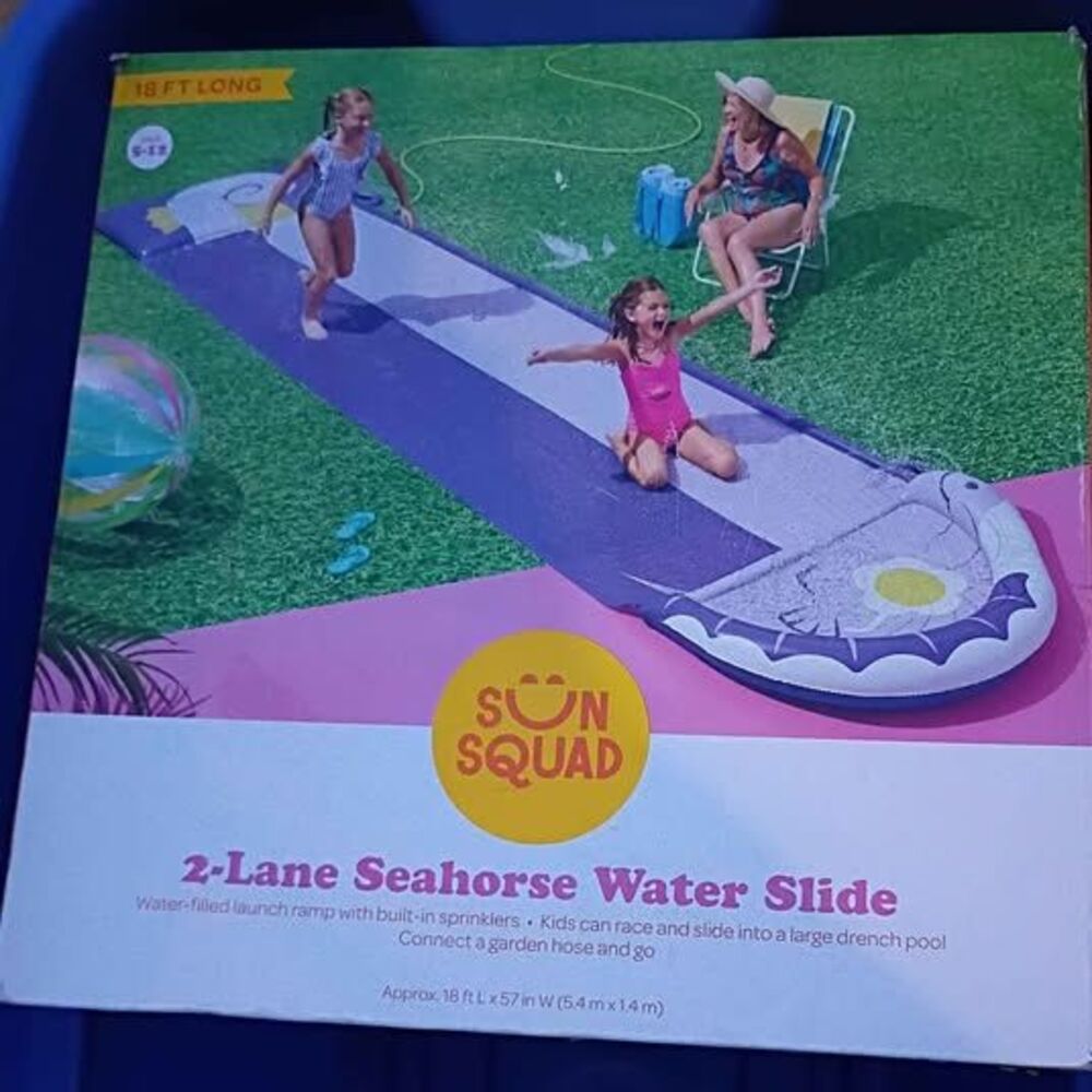 NEW Sun Squad 2 Lane Seahorse Water Slide w/Built In Sprinklers 18ft x 57in